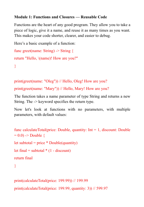 Text-based 'Align Pass' course content for a Swift development