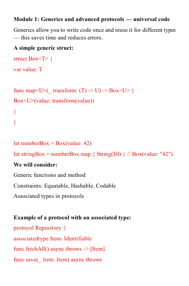 Text-based 'Origin Module' course content for a Swift development