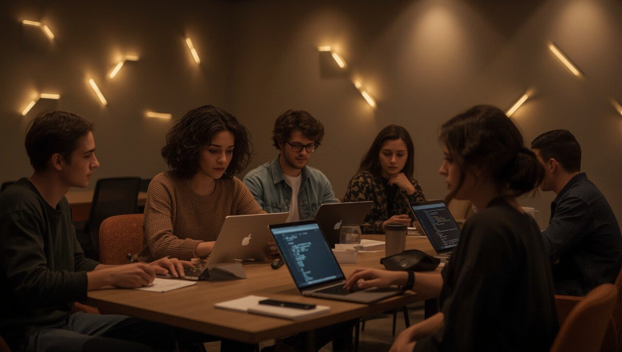 Group of people learning Swift on laptops around a table in a dimly lit room.