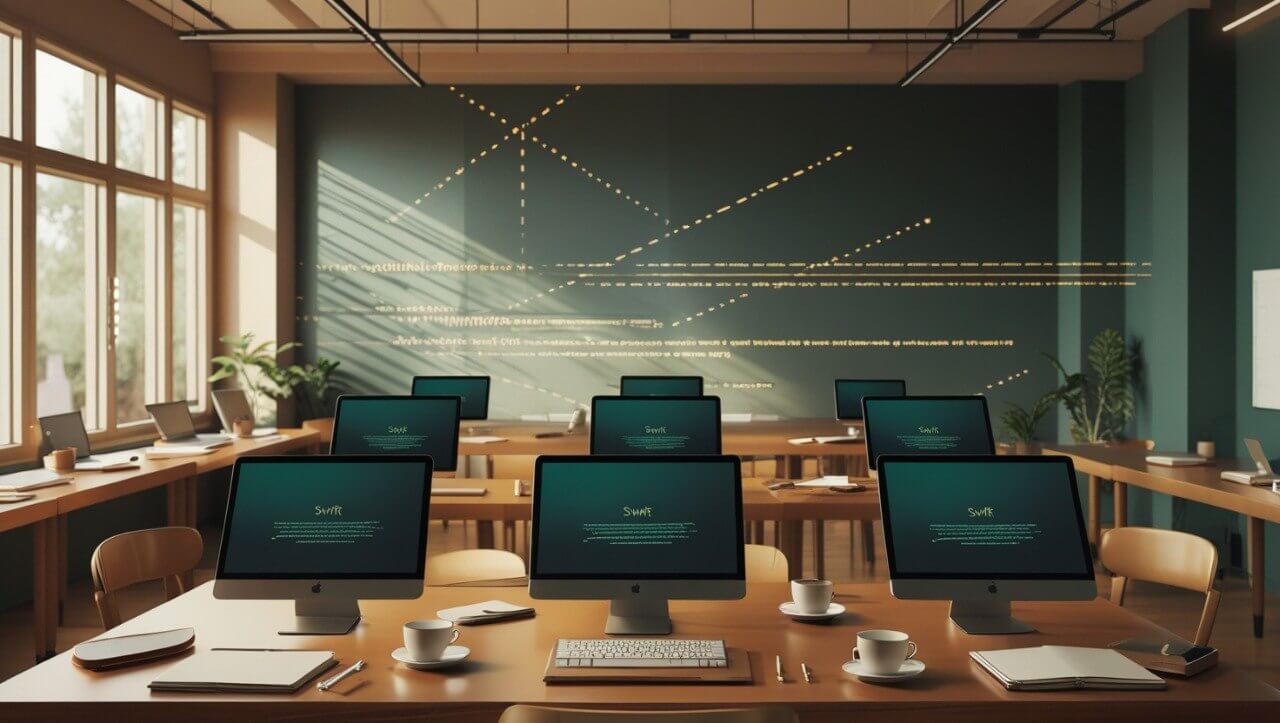 Modern office setup with multiple computer monitors on desks, large screen in the background