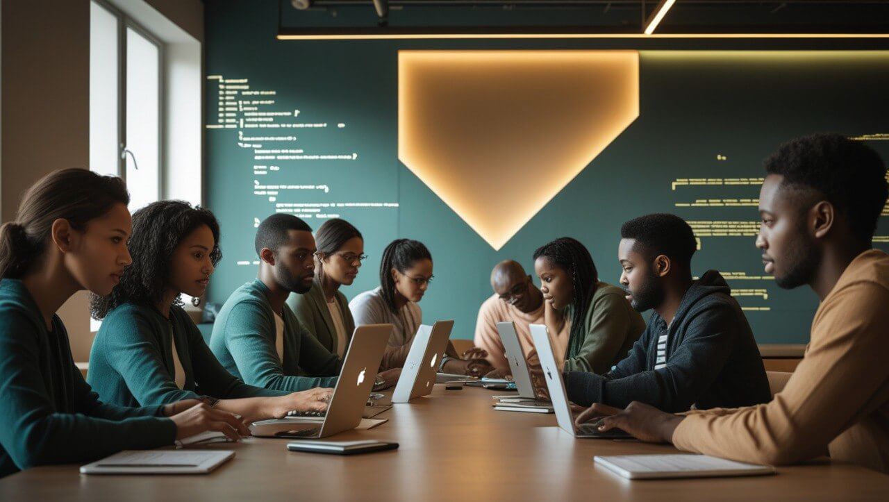 Group of people working on laptops around a table with a modern interior background