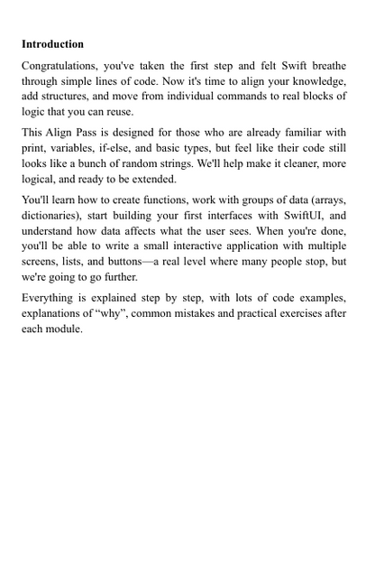 Text-based 'Align Pass' course content for a Swift development 