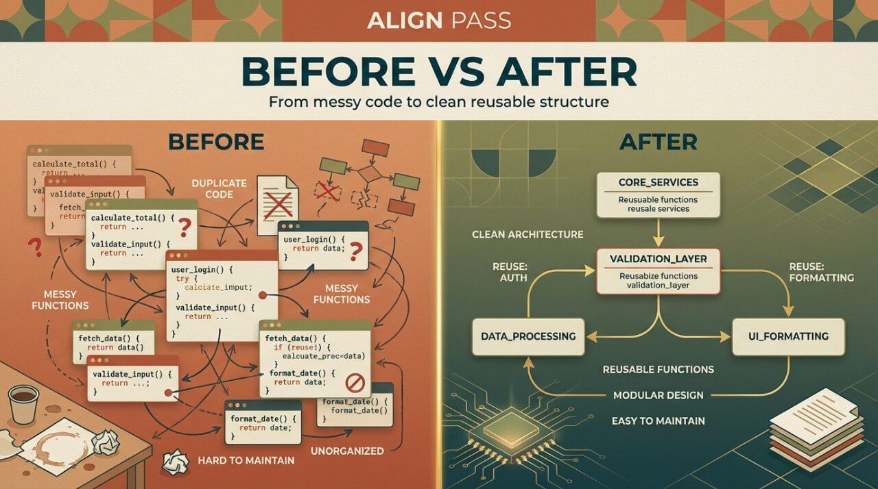 Before and after comparison of messy code to clean reusable structure with text 'ALIGN PASS BEFORE VS AFTER'.