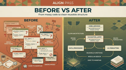 Before and after comparison of messy code to clean reusable structure with text 'ALIGN PASS BEFORE VS AFTER'.