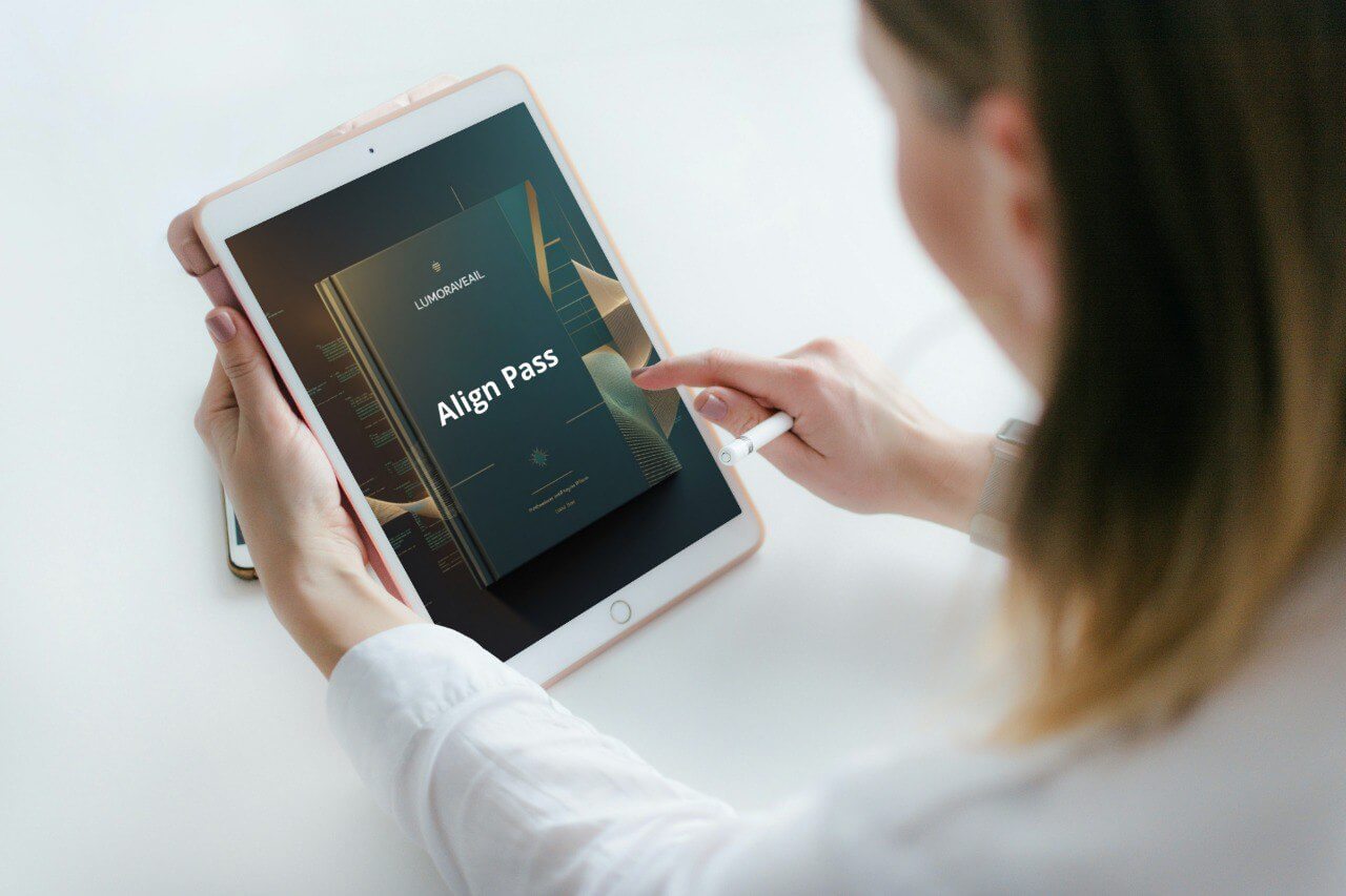 Person using a tablet with an 'Align Pass' Swift course interface on a light surface
