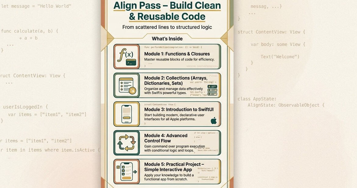 Educational infographic on align pass, build clean, and reusable code with text and icons.