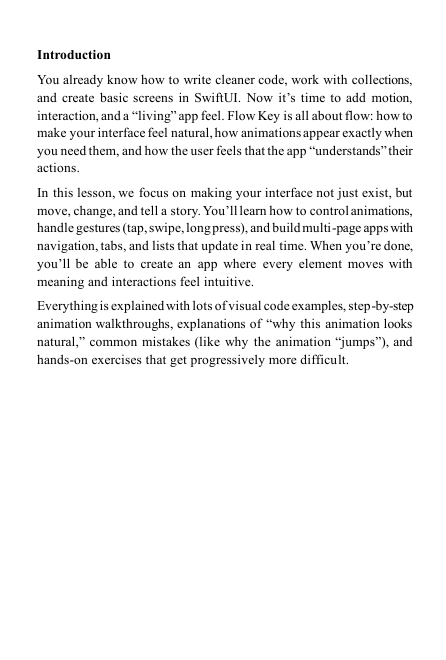 Text-based 'Flow Key' course content for a Swift development 