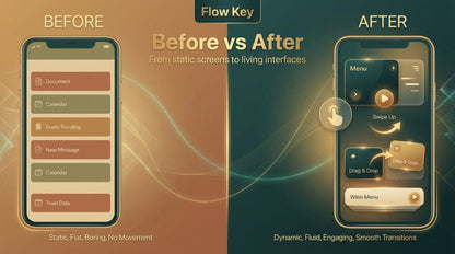 Before and after comparison of a smartphone interface design on a gradient background.
