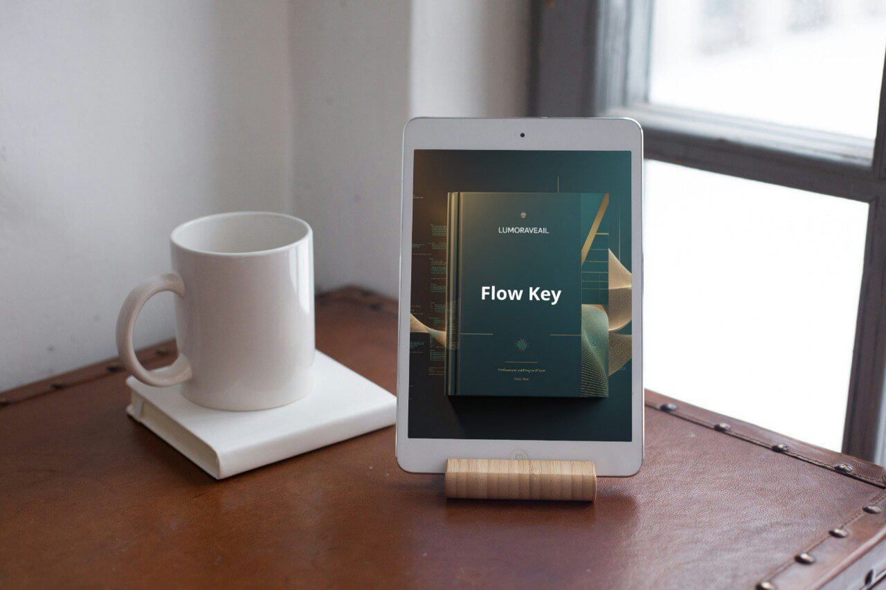 Tablet displaying 'Flow Key' Swift course on a wooden stand with a mug and book in the background