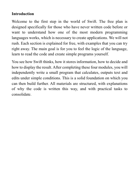 Text-based 'Free Plan' course content for a Swift development 