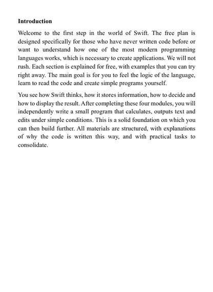 Text-based 'Free Plan' course content for a Swift development 