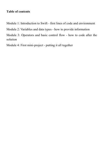 Text-based 'Free Plan' course content for a Swift development 