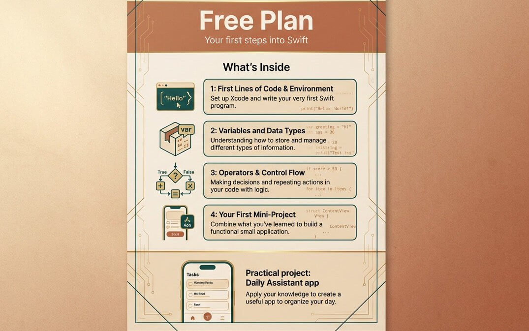 Free Swift programming plan with steps and features on a beige background
