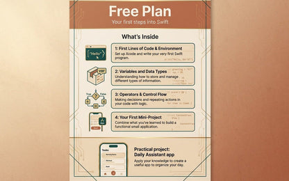 Free Swift programming plan with steps and features on a beige background