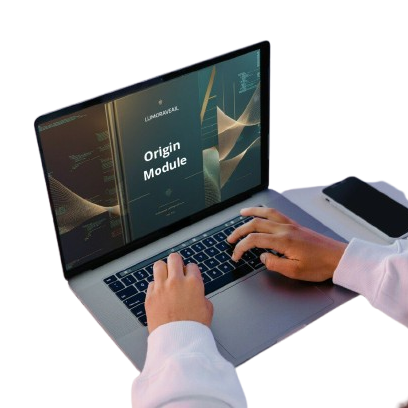 Person using a laptop with 'Origin Module' Swift course on the screen