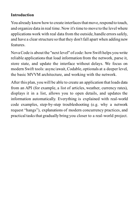 Text-based 'Nova Code' course content for a Swift development 