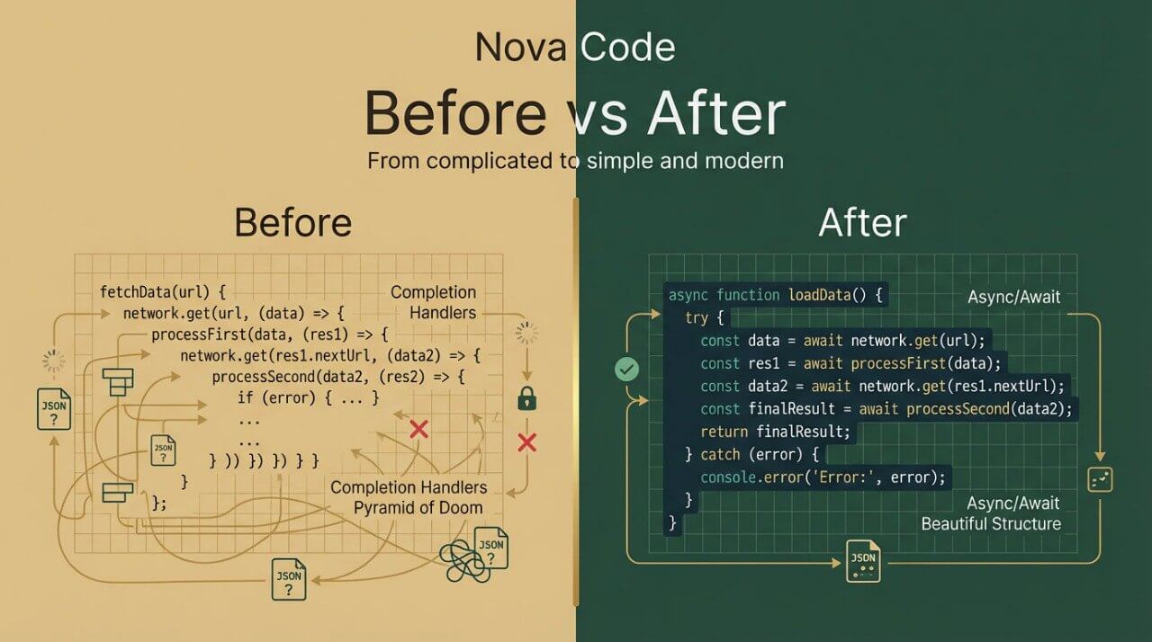 Comparison of complex code structure labeled 'Before' and simplified version labeled 'After' with 'Nova Code' branding.