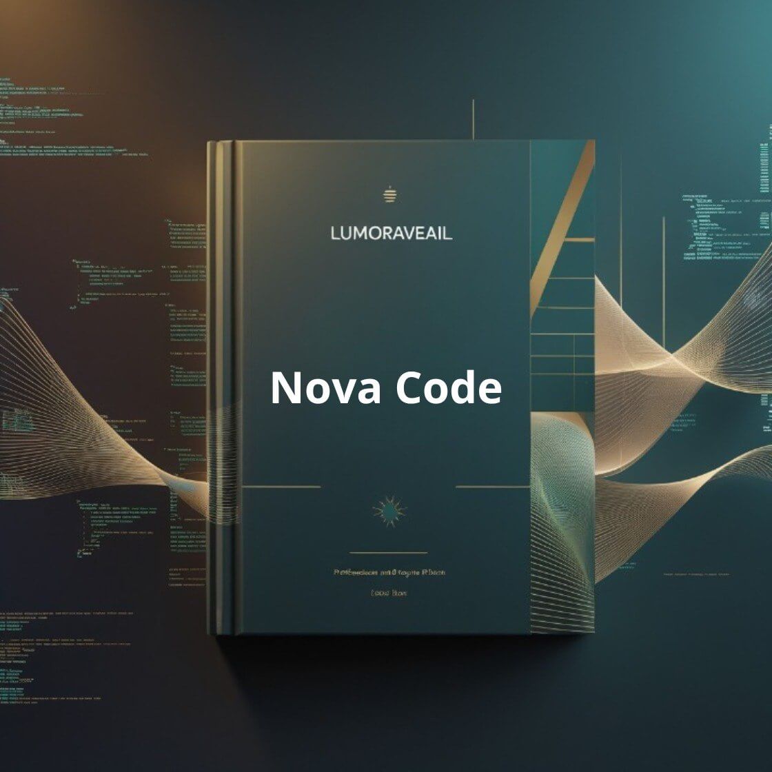 Book titled 'Nova Code' by Lumoraveail on a dark background with abstract designs and code.