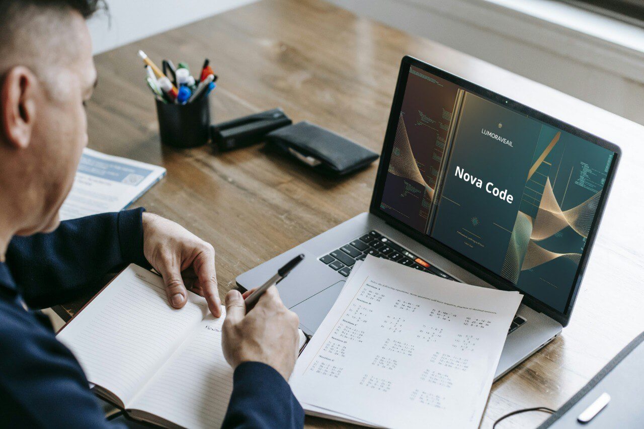 Person working on a laptop with a 'Nova Code' Swift course screen at a desk.