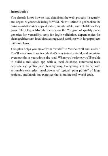 Text-based 'Origin Module' course content for a Swift development 