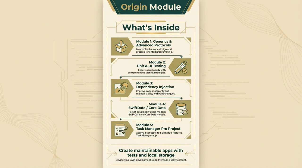 Module description sheet titled 'Origin Module' on a beige background