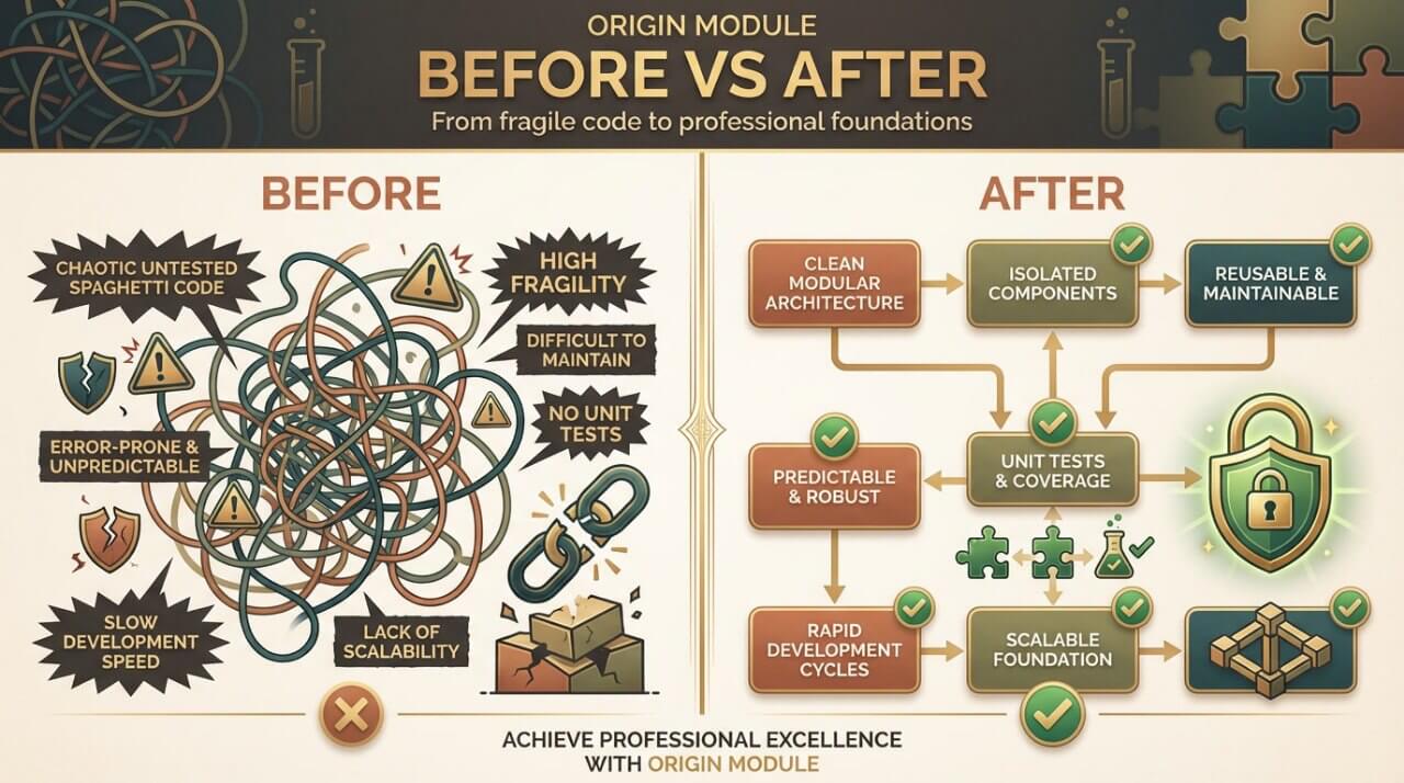 Before and after 'Origin Module' comparison diagram of software development process