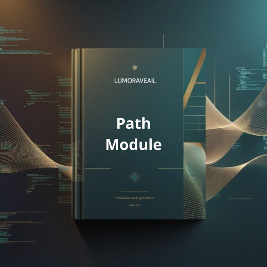 Book titled 'Path Module' by LUMORAVEAIL on a dark background with abstract designs.